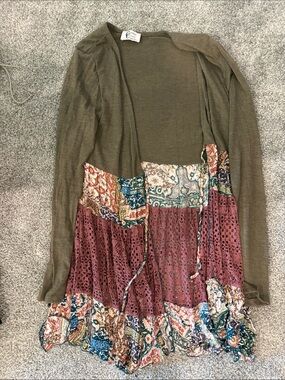 Boho Patchwork Open-Front Women's Cardigan - Olive Green & Rose